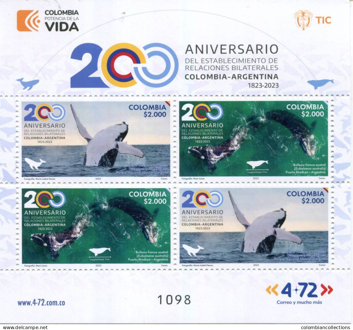 Lote 2023-16P, Colombia, 2023, Pliego, Sheet, Colombia-Argentina 200 Años Relaciones Bilaterales,whale - Colombia