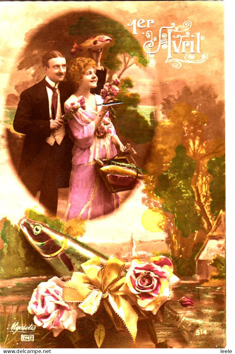 CW59. Vintage Greetings Postcard. April Fool. Romantic Couple And Fish. - 1er Avril - Poisson D'avril