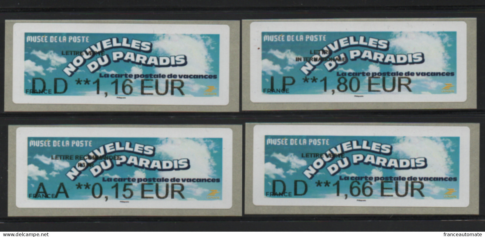 4 ATMs, MUSEE DE LA POSTE , NABANCO, VERTE DD1.16, RECOMMANDE AA R3 0.15, INTERNATIONALE IP1.80€, DD 1.66€ VALEUR SUIVIE - 2010-... Illustrated Franking Labels