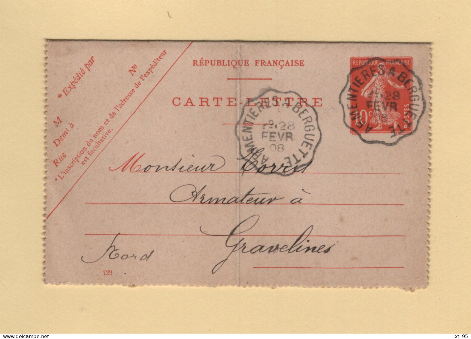 Convoyeur Armentieres A Berguette - 1908 - Correo Ferroviario