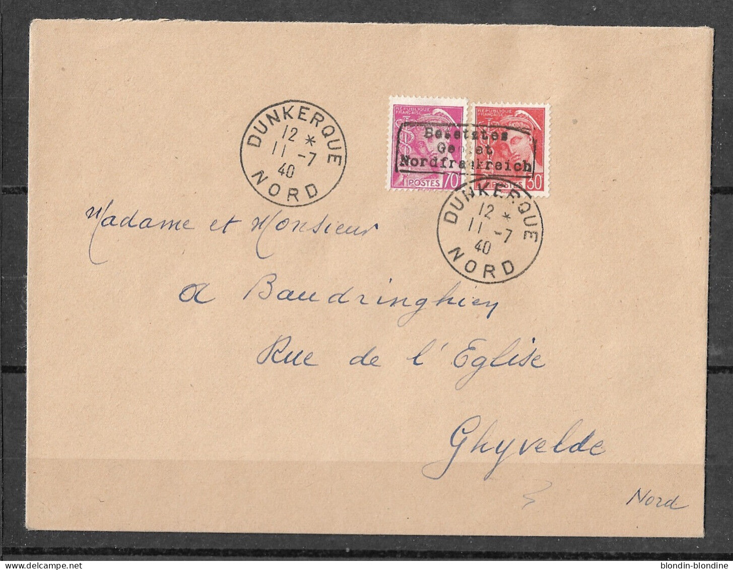 TIMBRES DE GUERRE : LETTRE DE DUNKERQUE POUR GHYVELDE... 11 JUILLET 1940...TB - War Stamps