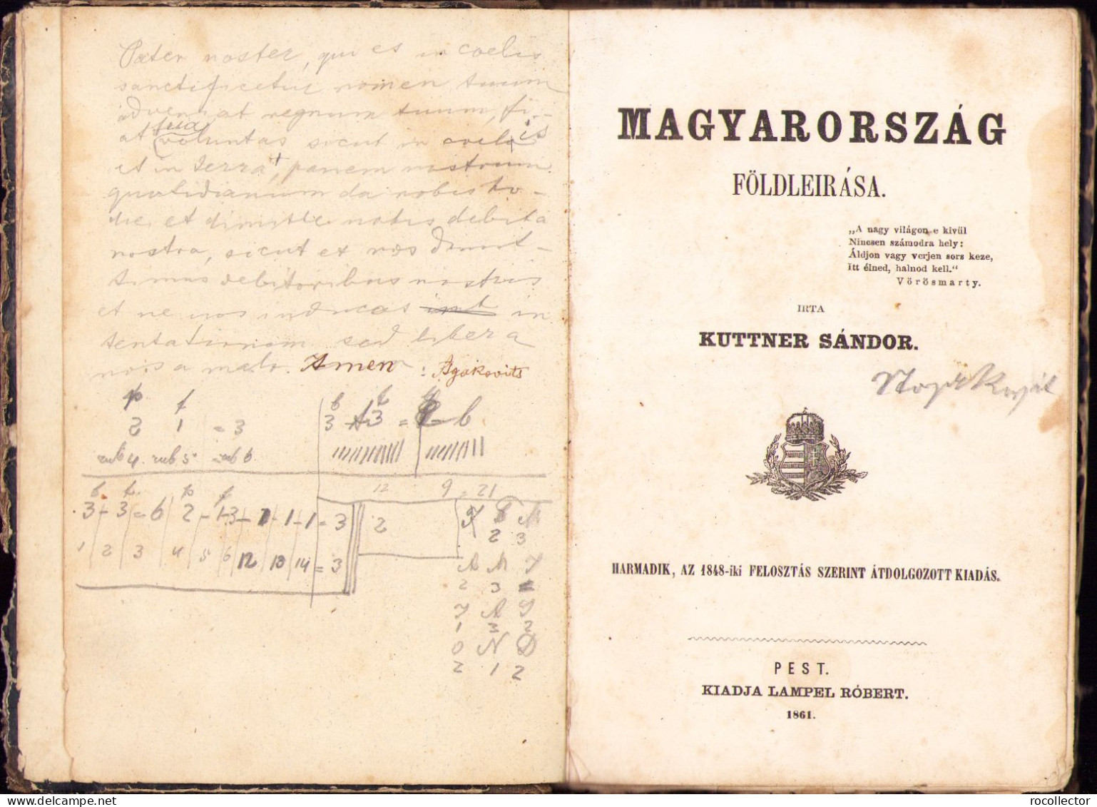 Magyarország Földleirása Irta Kuttner Sándor, 1861, Pest 434SP - Libri Vecchi E Da Collezione