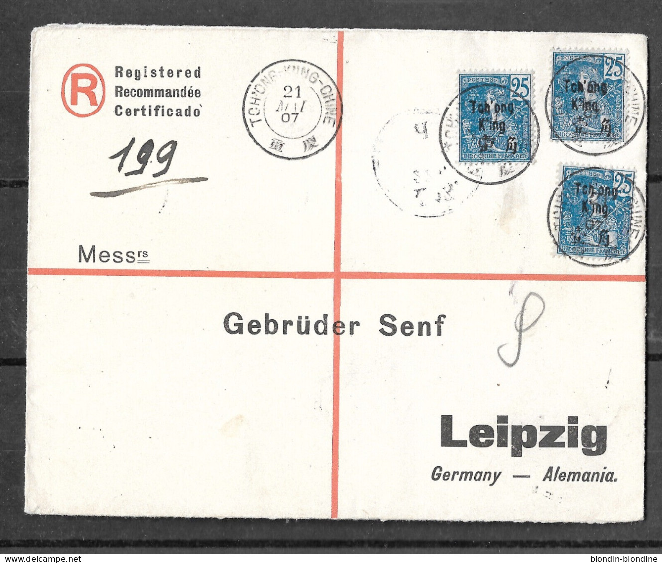 LETTRE DE TCHONG KING POUR LEIPZIG 1907 ...TB Et Rare ! - Storia Postale