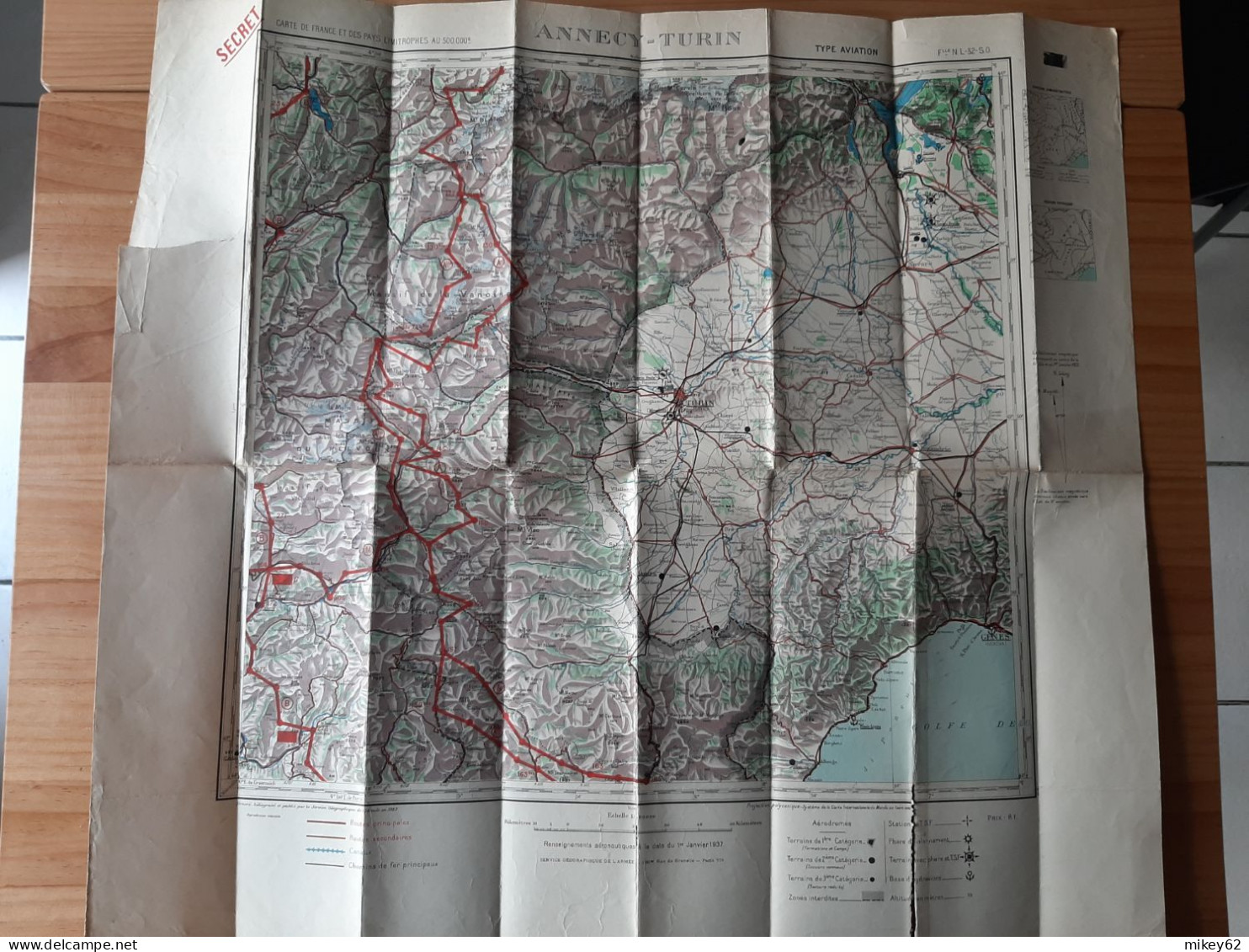 Carte Militaire Type Aviation Annecy Turin Tirage Janvier 1937 - Mapas Topográficas