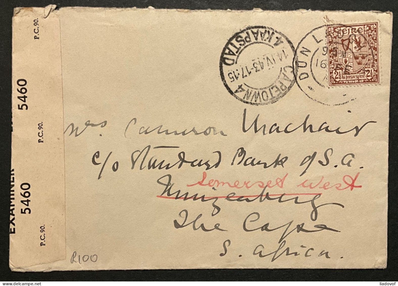 Censor Cover 1943 Dun Laoghaire > Kaapstad - Lettres & Documents