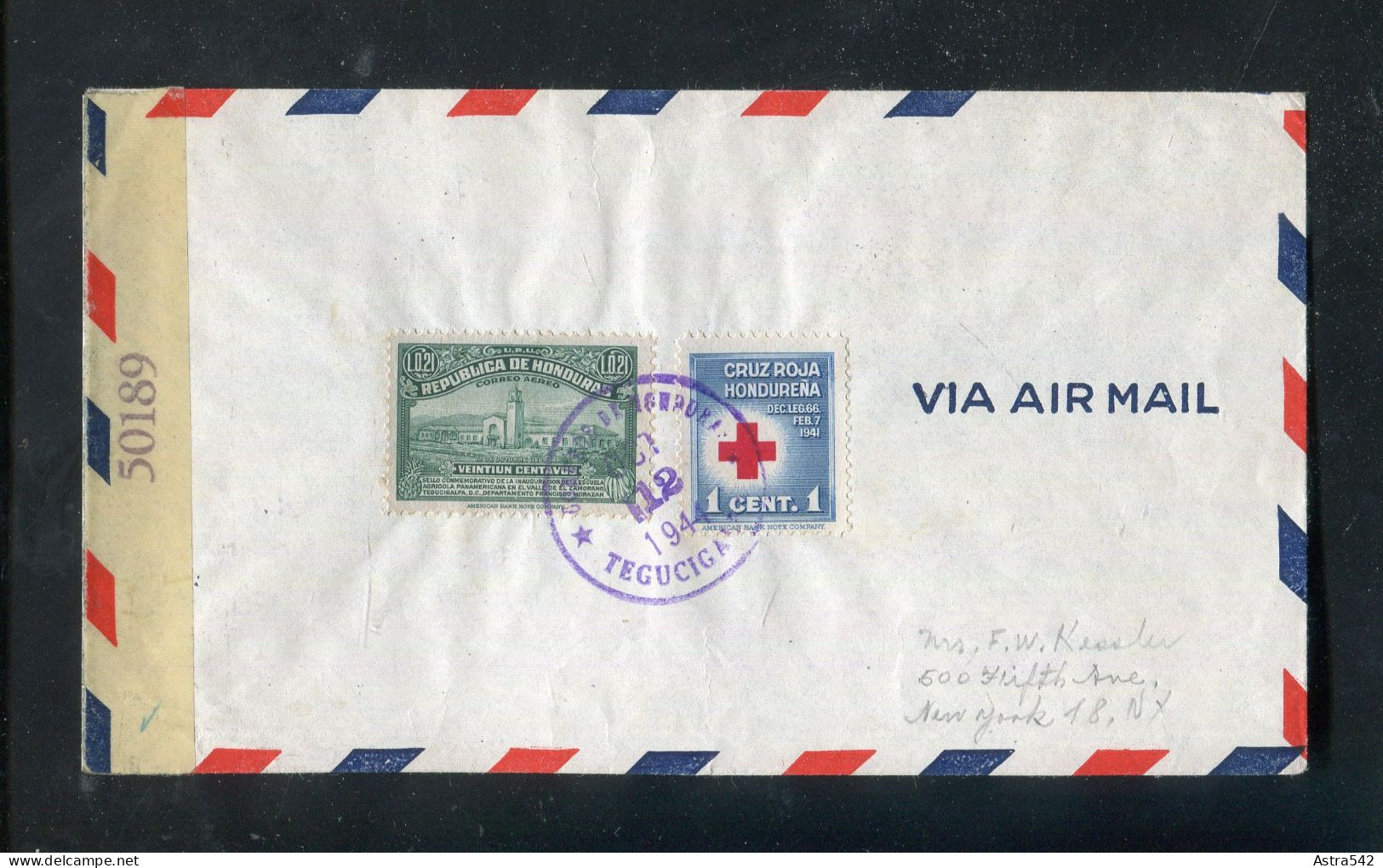 "HONDURAS" 1944, Brief Mit "ZENSUR" (Zensurbanderole) Nach New York (A0206) - Honduras