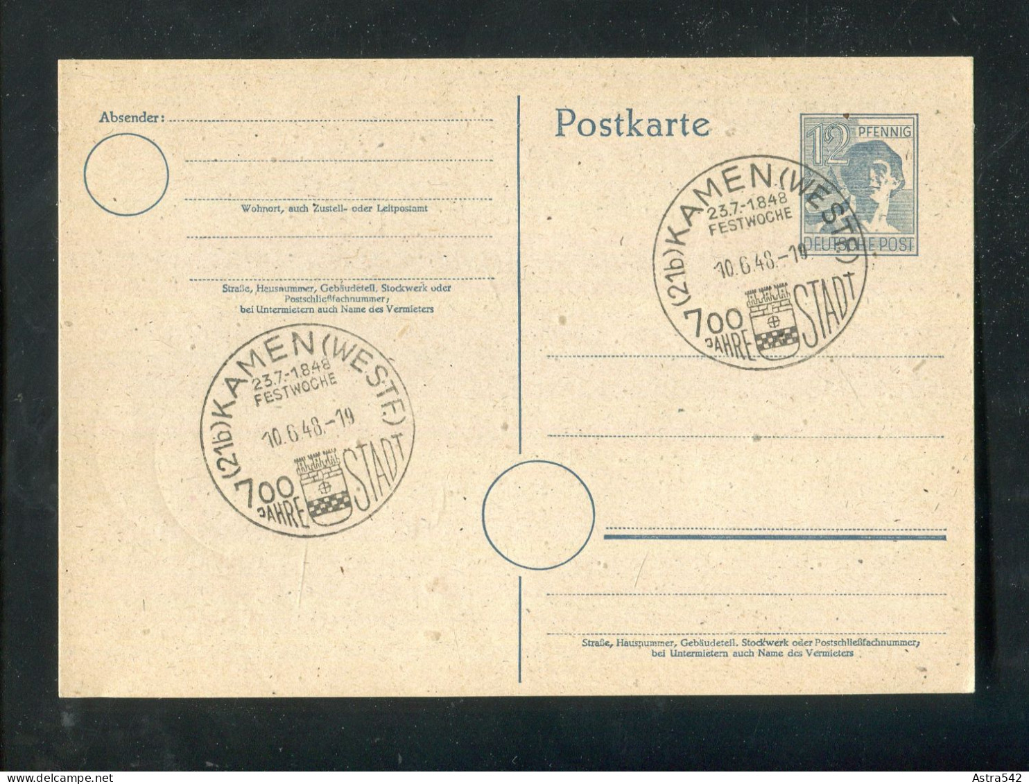 "ALL. BESETZUNG" 1948, SSt. "KAMEN, 700 Jahre Stadt" Auf Postkarte (A0211) - Postal  Stationery