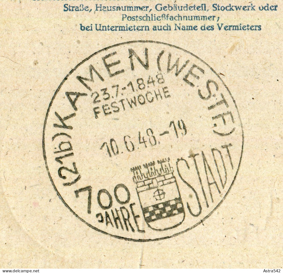 "ALL. BESETZUNG" 1948, SSt. "KAMEN, 700 Jahre Stadt" Auf Postkarte (A0211) - Ganzsachen