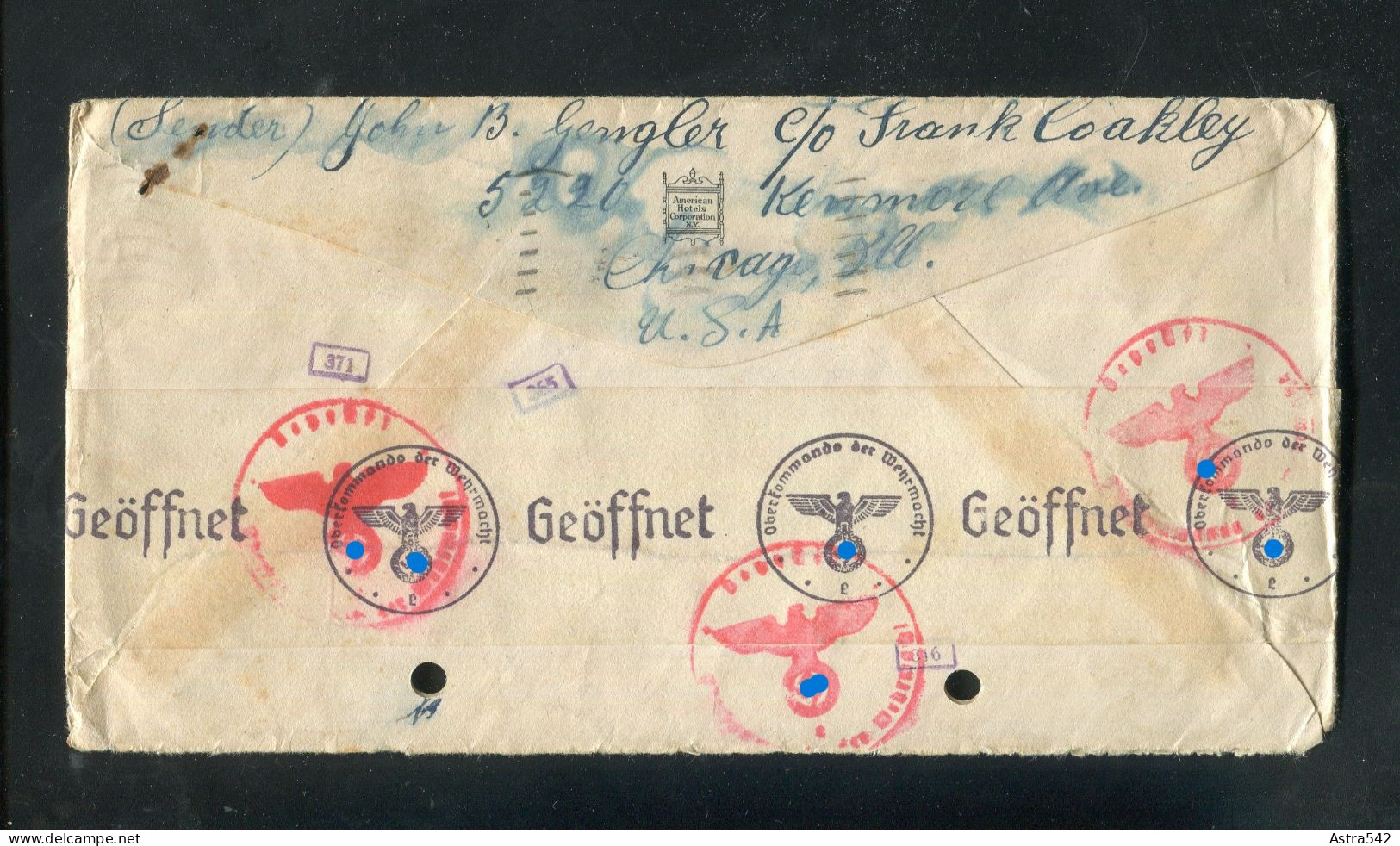 "USA" 1941, Mi. 450 EF Auf Lupo-Brief Mit Rueckseits Deutscher "ZENSUR" Nach Partenkirchen (A0212) - Lettres & Documents