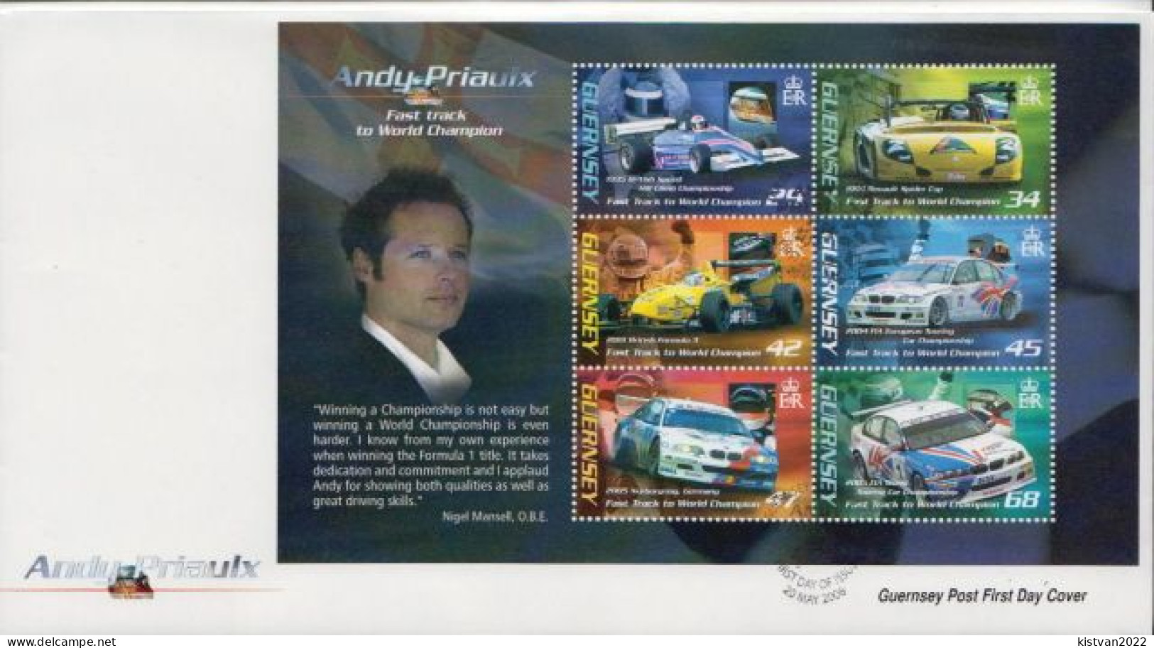 Guernsey Minisheet On FDC - Automovilismo