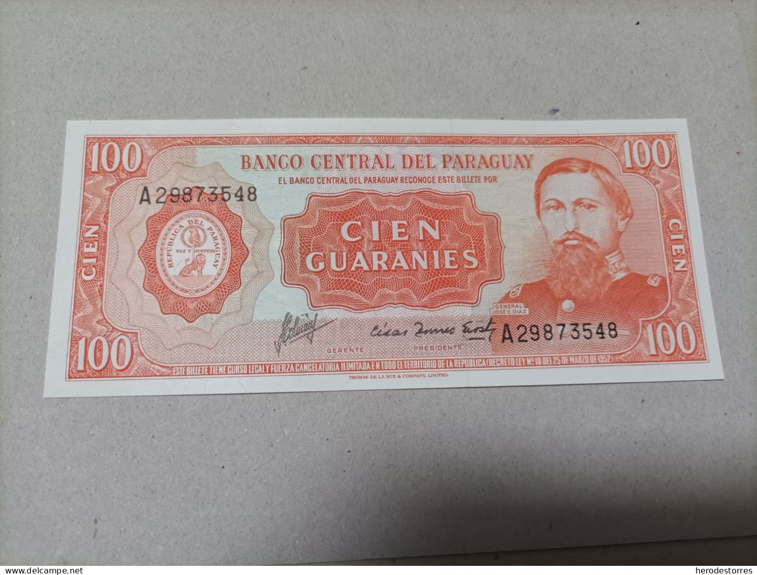 Billete Paraguay, 100 Guaraníes, Año 1952, Serie A, UNC - Paraguay