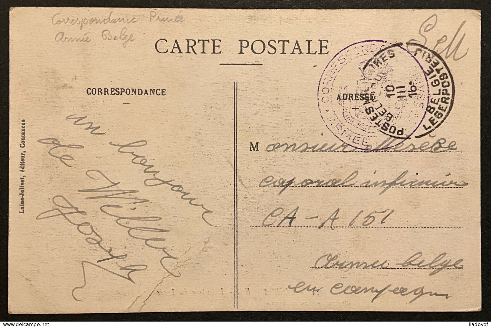 Carte Postale "Front De L'oise" - Postes Militaires Belgique Belgische Legerposterijen - CORRESPONDANCE ARMEE BELGE - Altri & Non Classificati