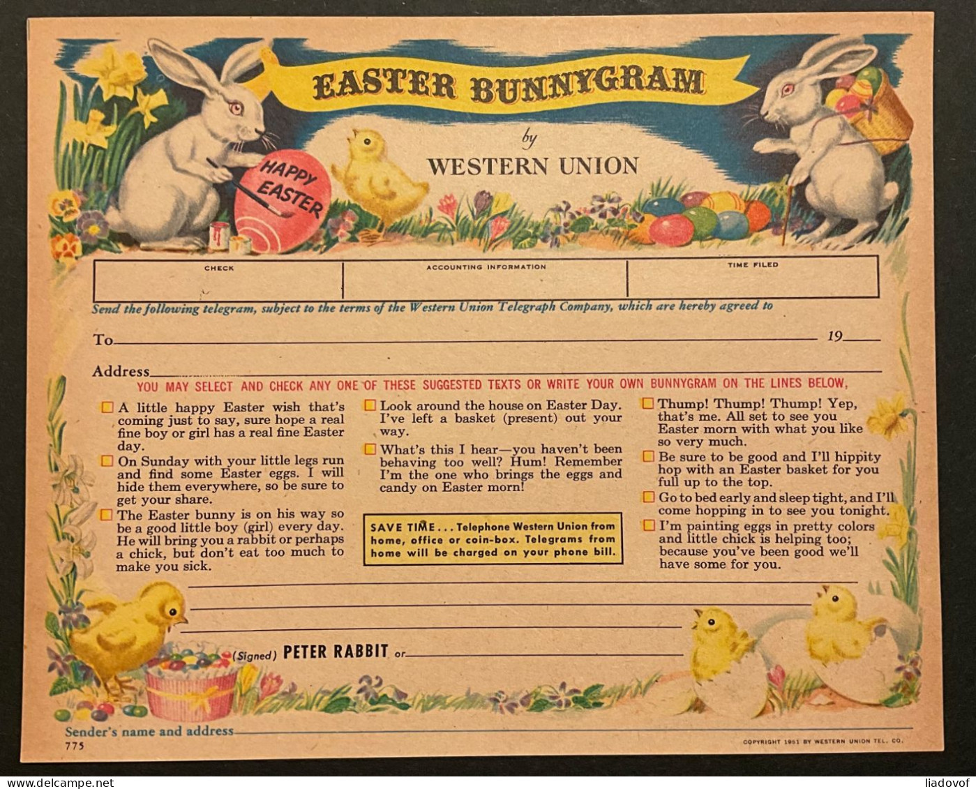 Western Union "Easter Bunnygram" - 8 Pieces - Unclassified