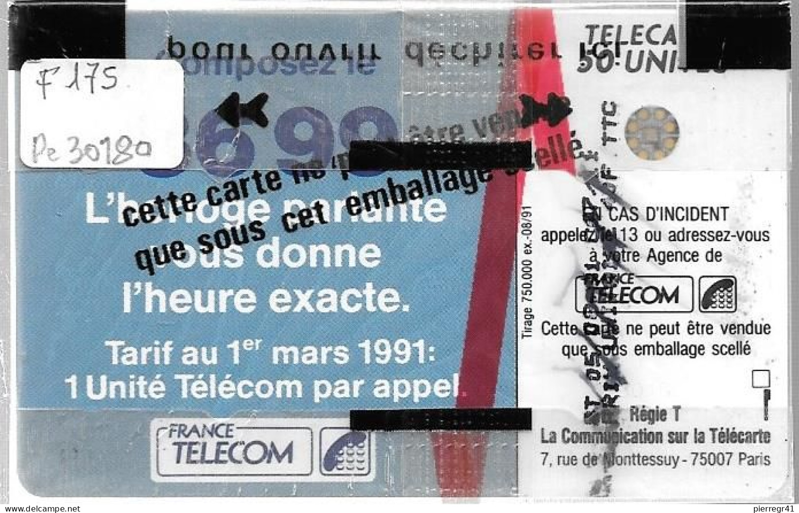 CARTE²-50U-PUCE -F 175.510-SC4-Trou 6-HORLOGE PARLANTE-V°5 N°Pe30180-NSB- TBE- - 1991