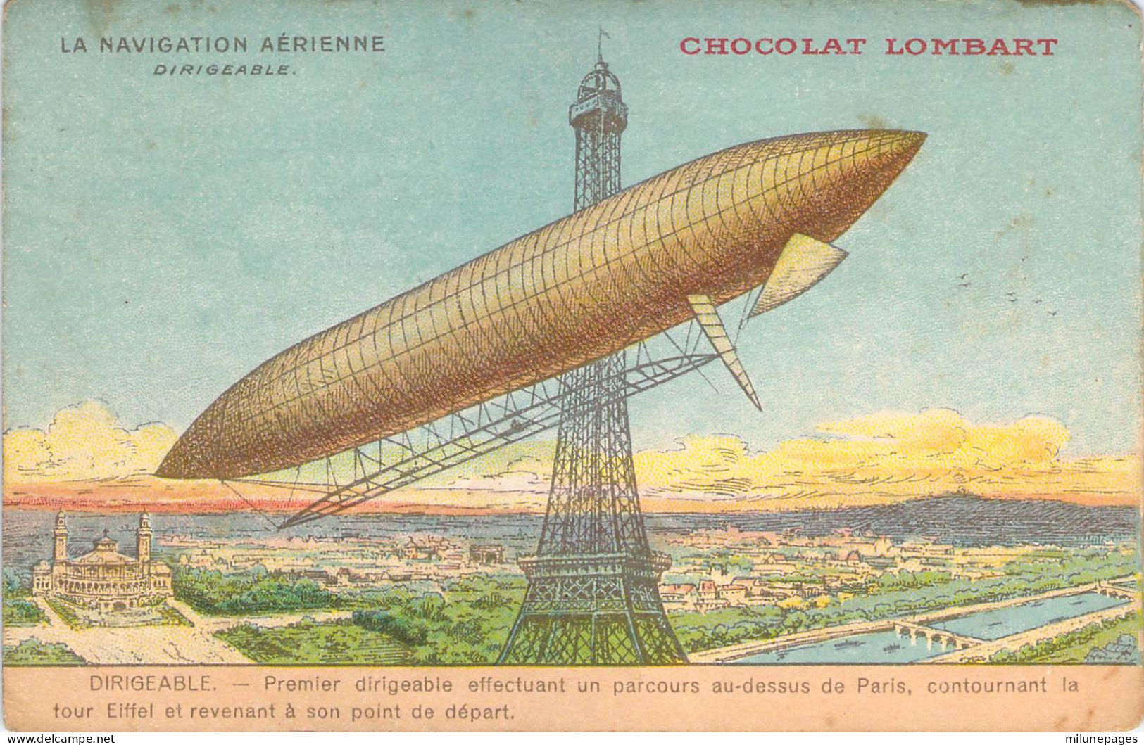 La Navigation Aérienne Par Le Chocolat Lombart Un Dirigeable Contournant La Tour Eiffel Belle Illustration Couleur - Zeppeline