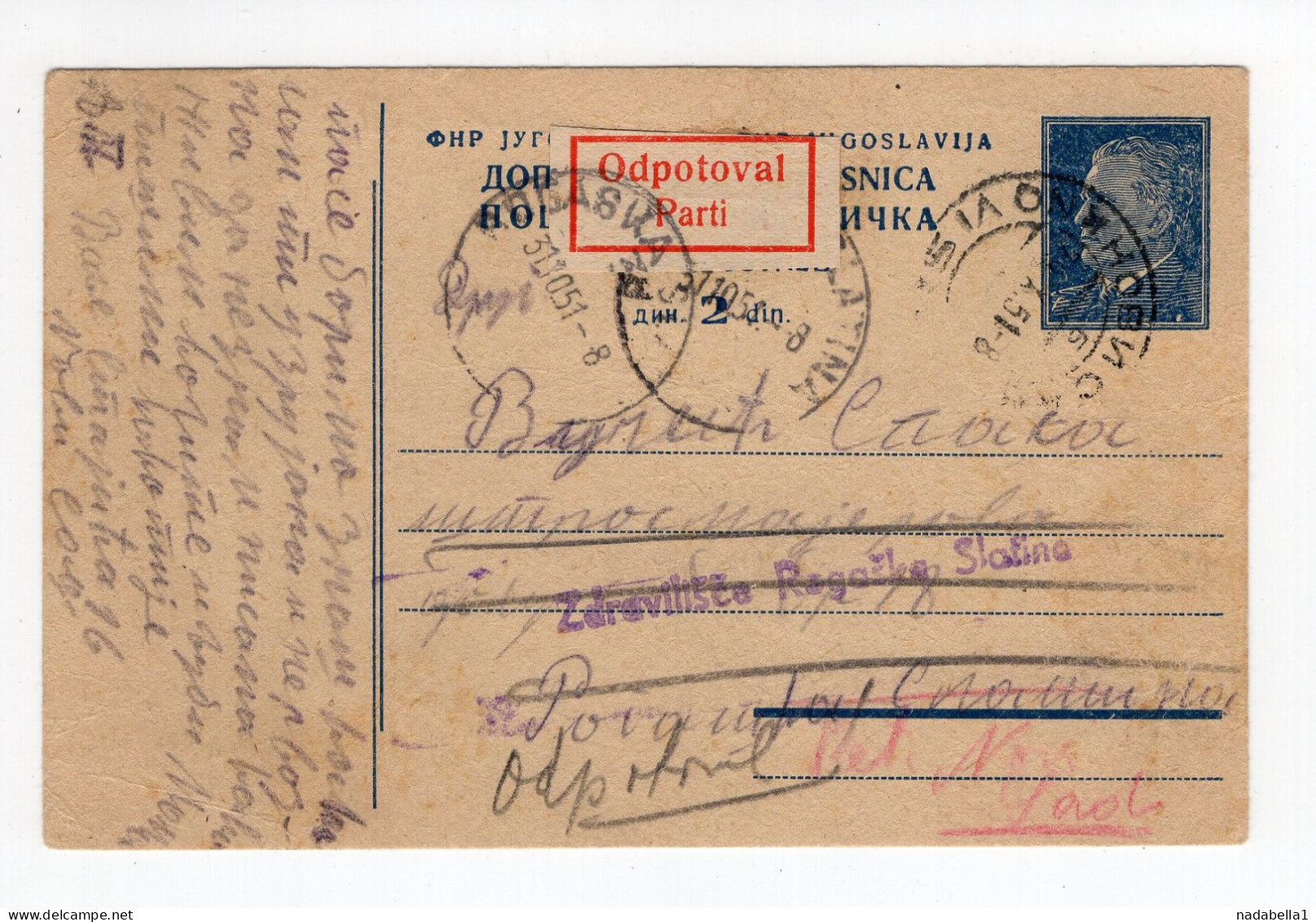 1951. YUGOSLAVIA,SERBIA,NOVI SAD TO ROGASKA SLATINA AND BACK,LABEL PARTI,DEPARTED IN SLOVENIAN LANGUAGE,STATIONERY CARD - Enteros Postales