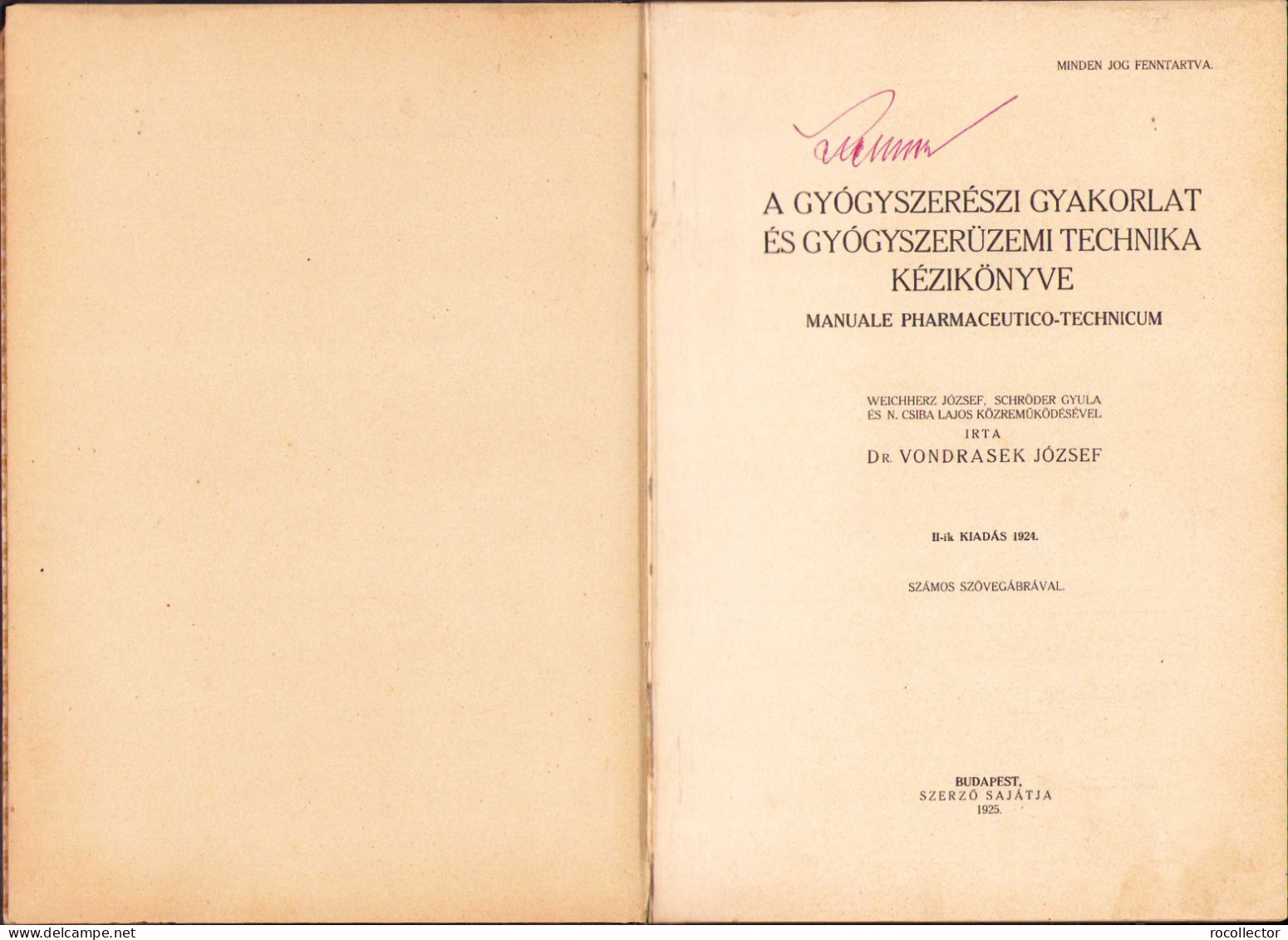 A Gyógyszerészi Gyakorlat és Gyógyszerüzemi Technika Kézikönyve Irta Vondrasek József I Kotet 1925 Budapest 230SP - Libri Vecchi E Da Collezione