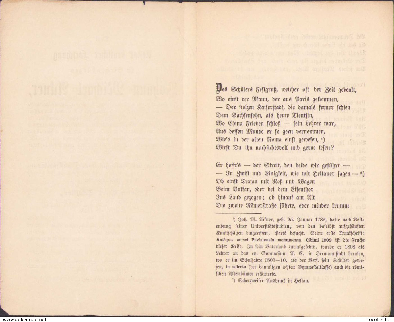 Dem Nestor Deutscher Forschung In Siebenbürgen Johann Michael Ackner, 1858, Hermannstadt 120SP - Old Books