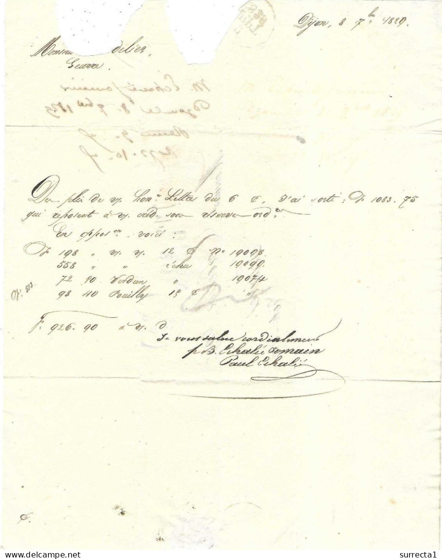 LAC Griffe Linéaire 2 Lignes / 20 Dijon / + Cachet 9 Sept 1829 / Taxe3 / Exp Echalié Pour Seurre - Zonder Classificatie