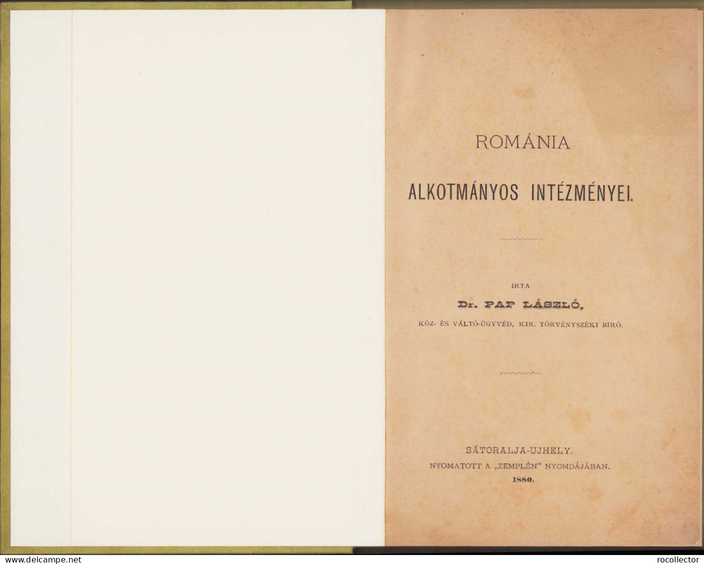 Romániai Alkotmányos Intézményei Irta Pap László, 1880, Sátoraljaújhely 117SP - Old Books