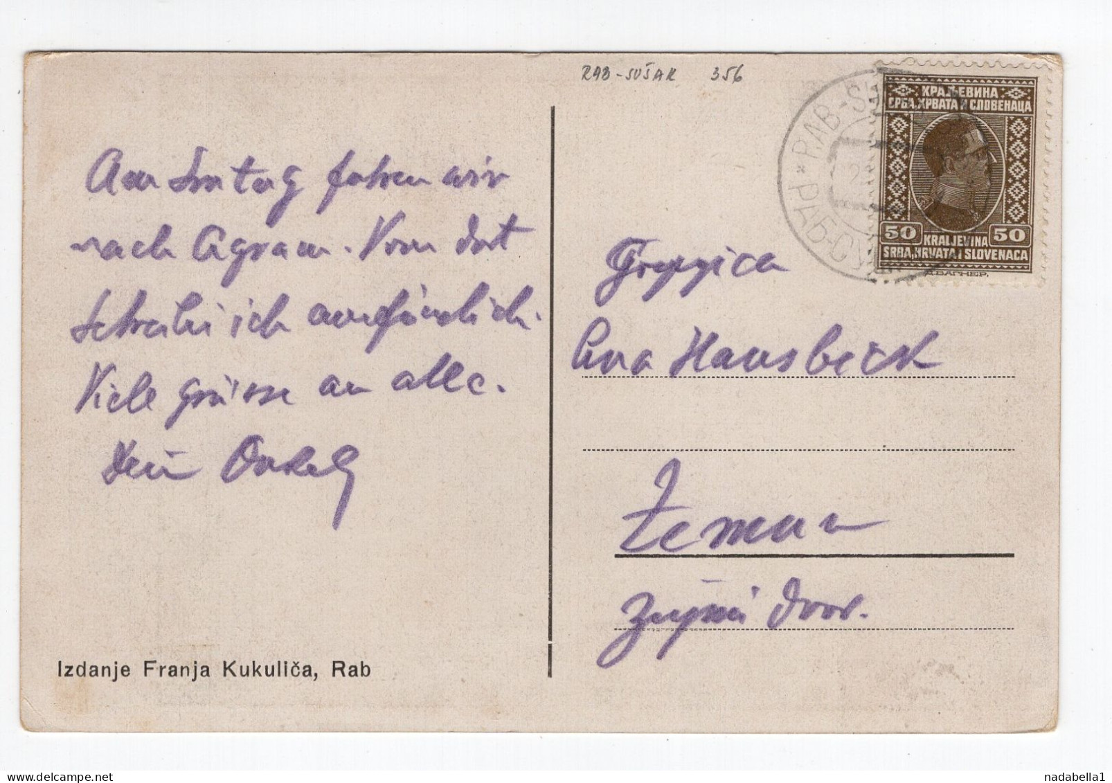 1928. KINGDOM OF SHS,CROATIA,SHIP MAIL 356 RAB - SUSAK,RAB ISLAND,POSTCARD,USED TO ZEMUN - Yougoslavie