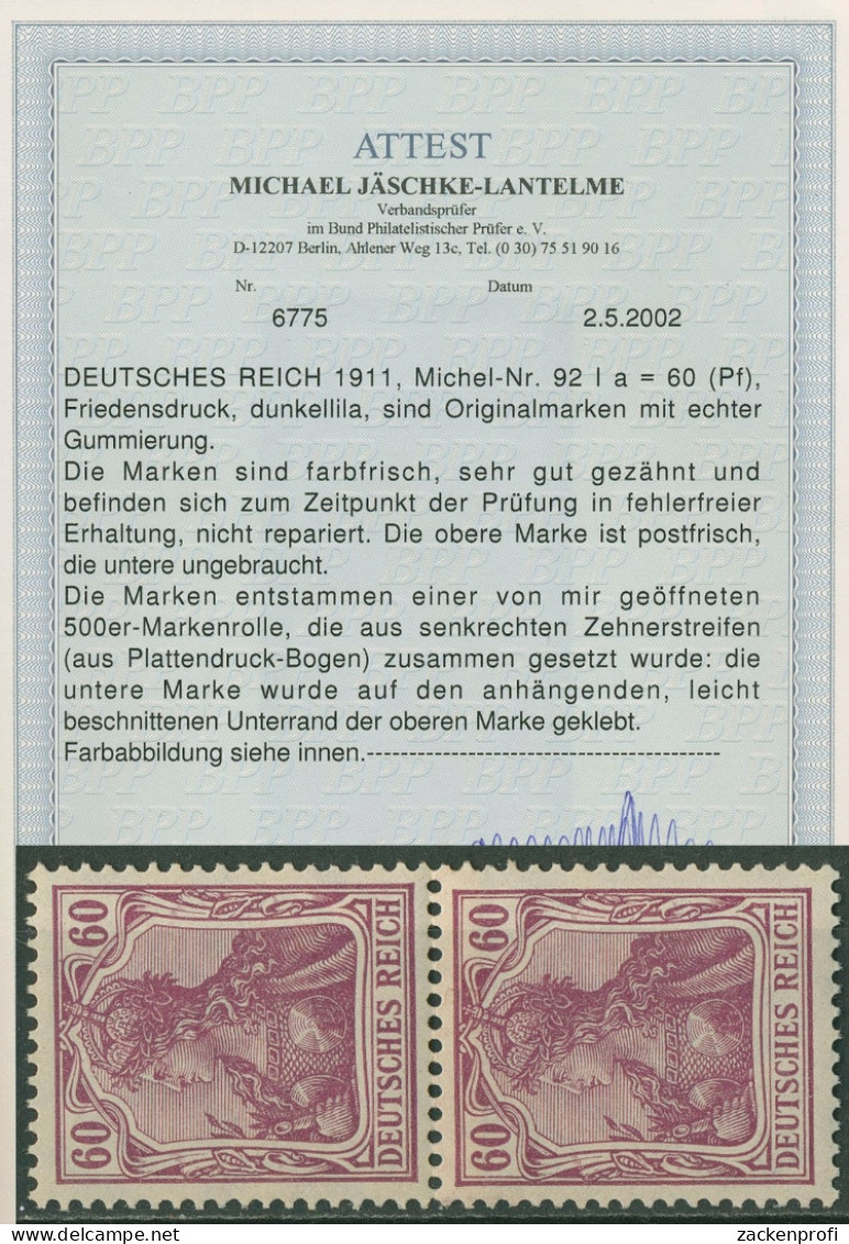 Deutsches Reich 1905/13 Germania Friedensdruck 92 I Postfrisch Geprüft Attest - Ungebraucht