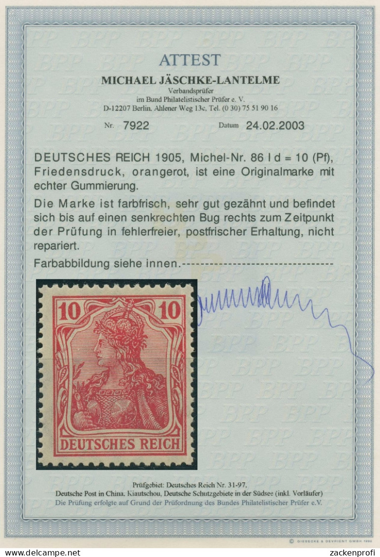 Deutsches Reich 1905/13 Germania Friedensdruck 86 I D Postfrisch Geprüft - Nuovi