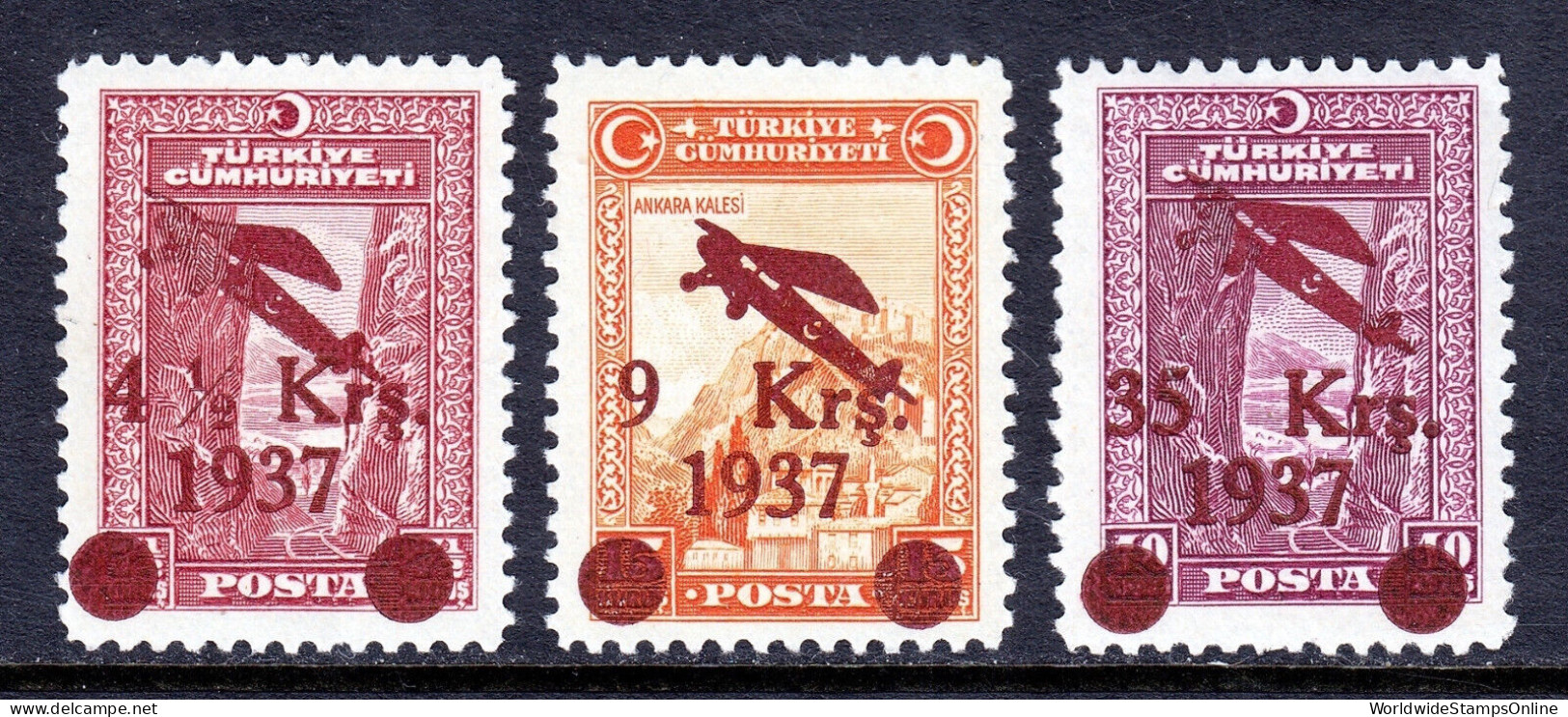 TURKEY — SCOTT C6-C8 — 1937 AIRMAIL SURCHARGE SET — MH — SCV $55 - Posta Aerea