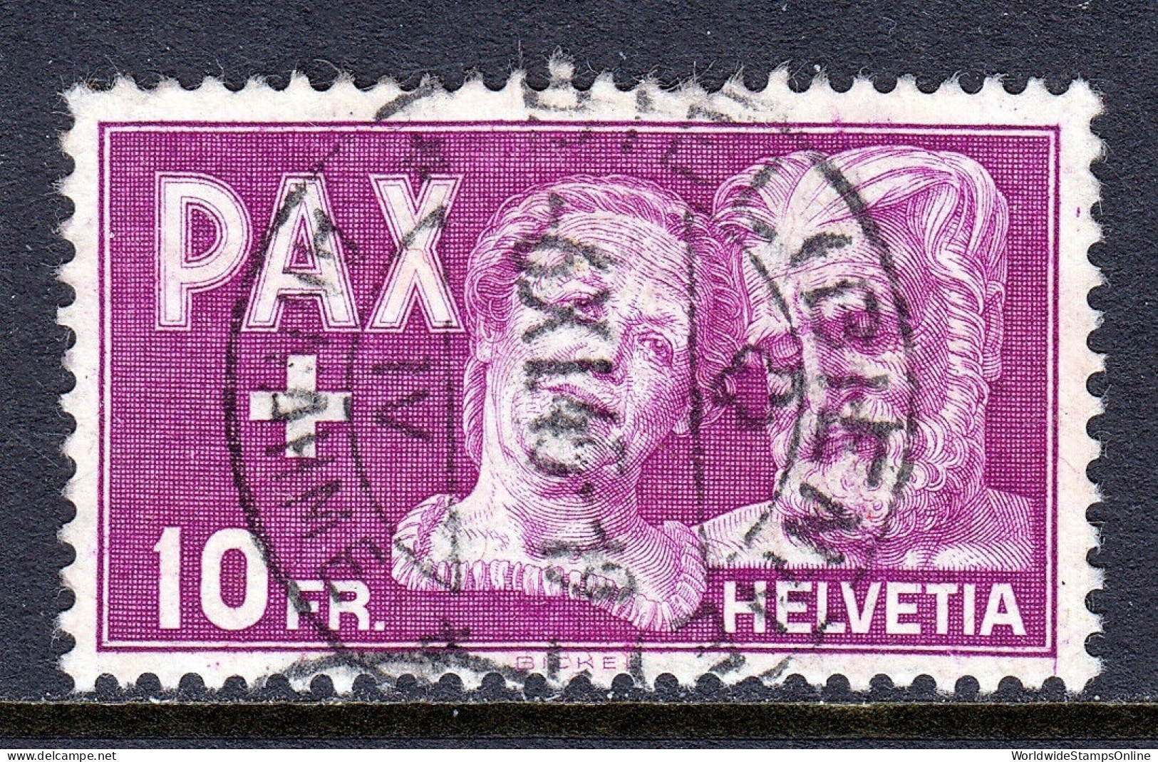 SWITZERLAND — SCOTT 305 — 1945 10fr PAX ISSUE — USED — SCV $125 - Oblitérés