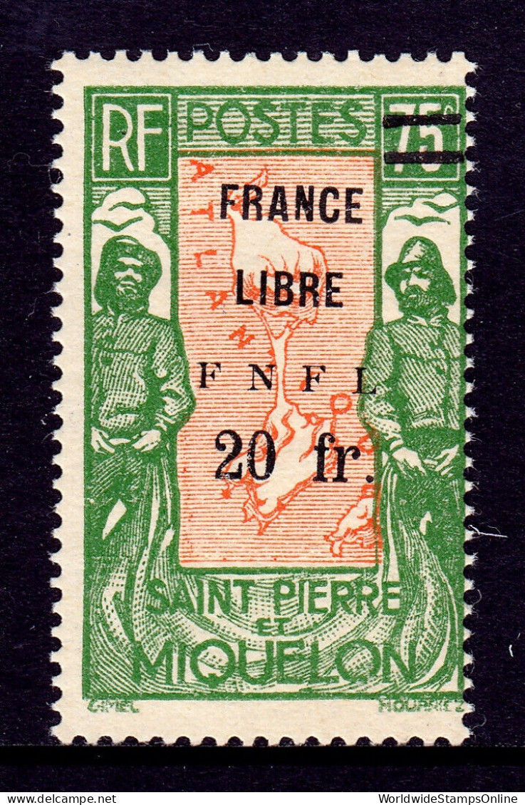 ST. PIERRE & MIQUELON — SCOTT 220 — 1942 20fr ON 75c, FNFL OVPT. — MH — SCV $65 - Unused Stamps