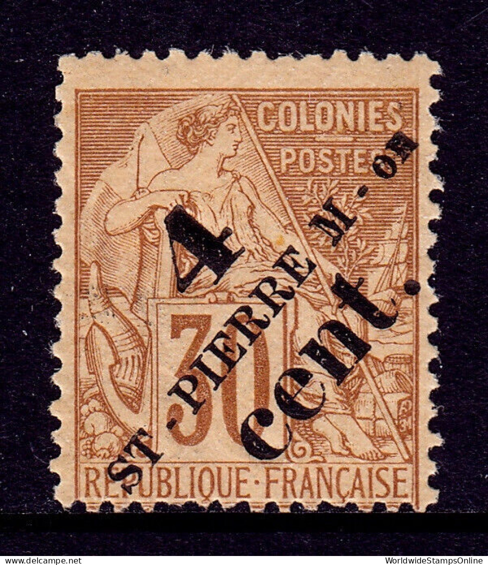 ST. PIERRE & MIQUELON — SCOTT 44 — 1891 4c ON 30c SURCHARGE — MH — SCV $32 - Nuevos