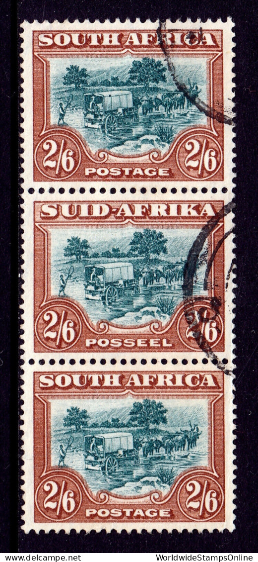 SOUTH AFRICA — SCOTT 63 — 1949 2/6- TREKKING PICTORIAL — USED STRIP/3 — SCV $30+ - Used Stamps
