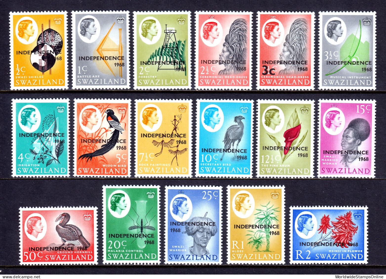 SWAZILAND — SCOTT 143-159 — 1968 QEII INDEPENDENCE SET — MNH — SCV $29 - Swaziland (1968-...)