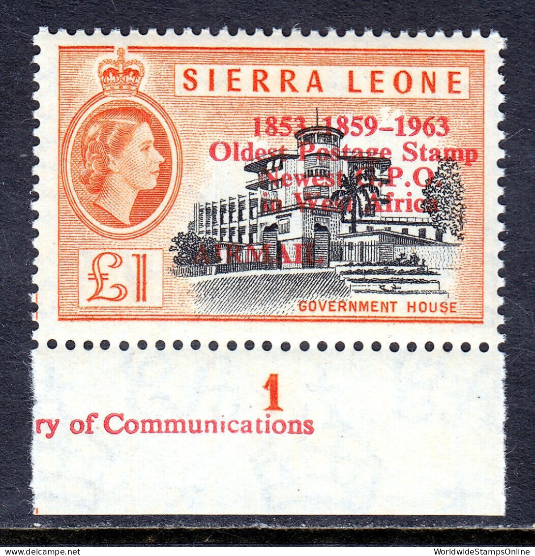 SIERRA LEONE — SCOTT C13 — 1963 £1 OLDEST STAMP AIRMAIL OVPT. — MNH — SCV $30 - Sierra Leone (1961-...)