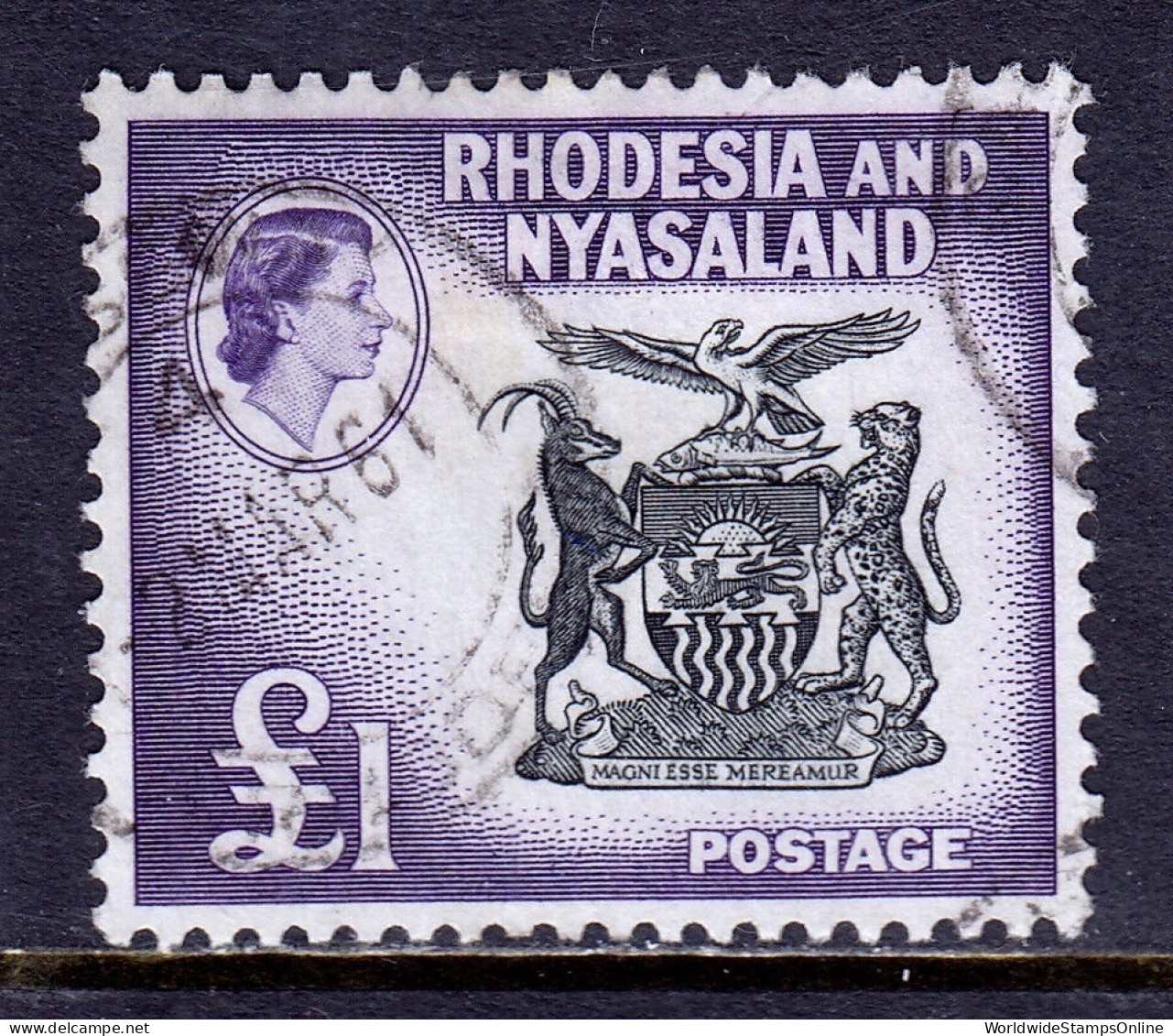 RHODESIA & NYASALAND — SCOTT 171 — 1959 £1 COAT OF ARMS — USED — SCV $67 - Rhodesia & Nyasaland (1954-1963)