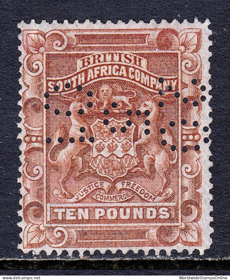 RHODESIA — SCOTT 19 — 1890 £10 ARMS HIGH VALUE — USED — FISCAL CANCEL — SCV $75 - Nordrhodesien (...-1963)