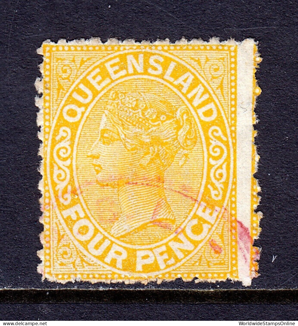 QUEENSLAND — SCOTT 68a (SG 169a) — 1883 4d QV "PENGE" FLAW — USED — SCV $70 - Used Stamps