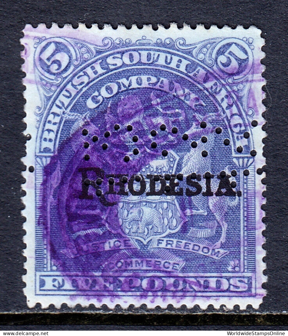 RHODESIA — SCOTT 100B — 1909 £5 ARMS HIGH VALUE — USED — FISCAL CANCEL — SG £100 - Noord-Rhodesië (...-1963)