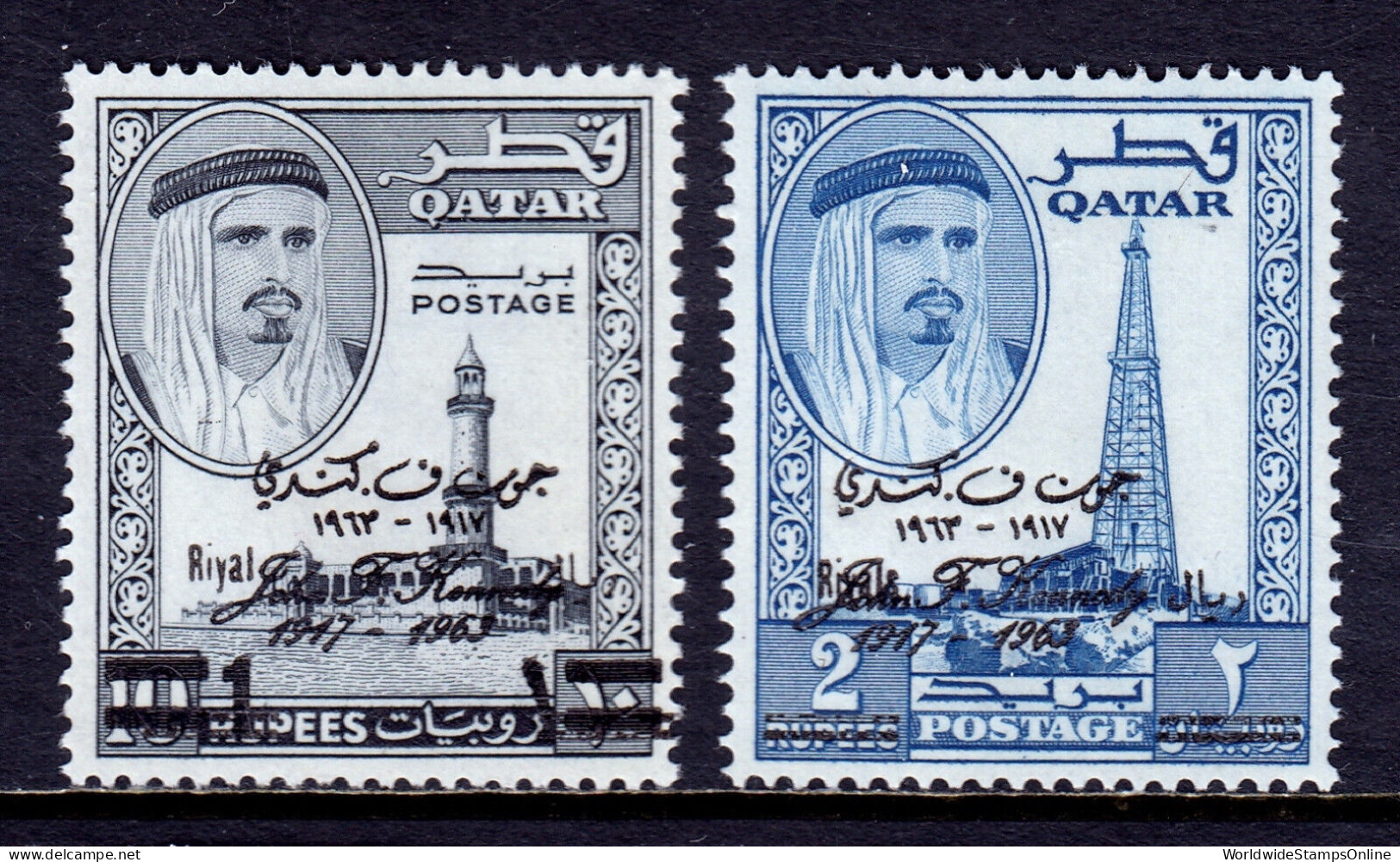 QATAR — SCOTT 111B, 111C — 1966 1r & 2r SURCHARGED JFK OVPTS — MLH - Qatar