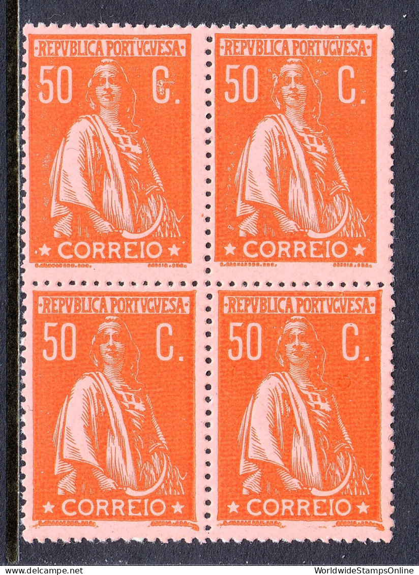 PORTUGAL — SCOTT 222 — 1918 50c CERES P15X14, CHALKY — BLK/4 — MNH — SCV $48+ - Nuevos