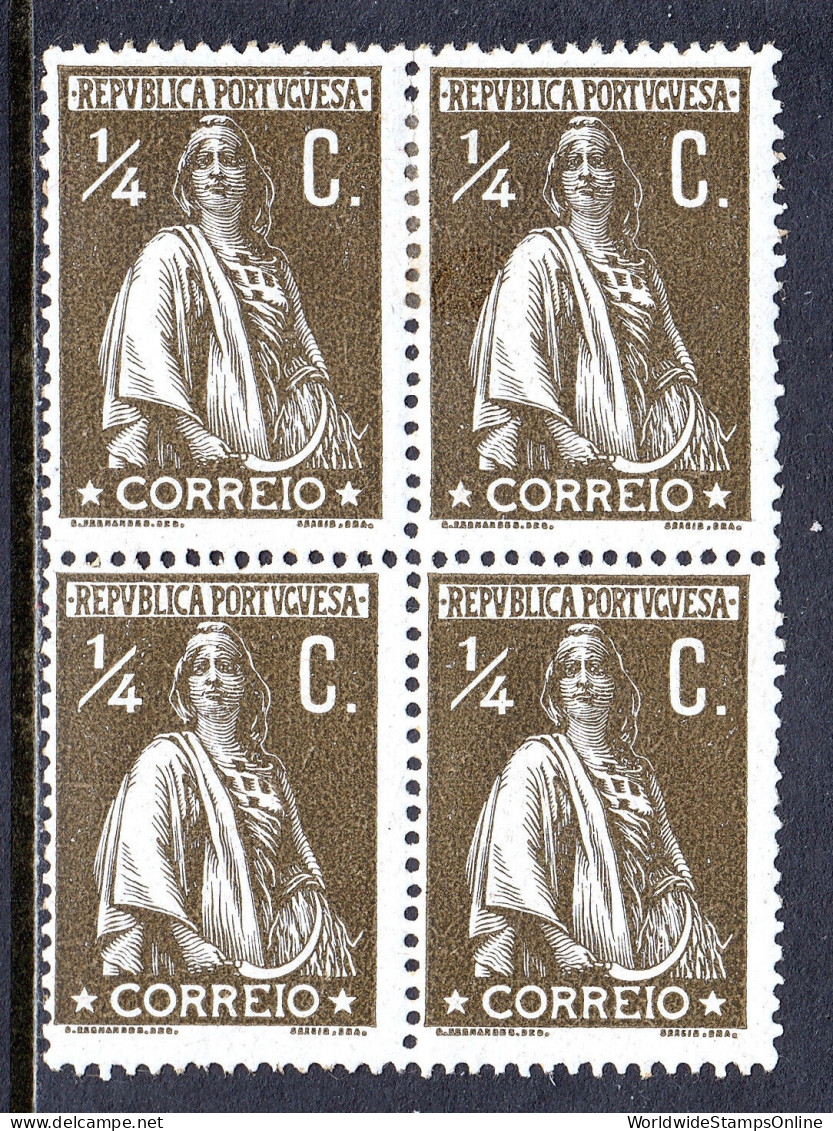 PORTUGAL — SCOTT 207 — 1912 ¼c CERES P15X14, CHALKY PAPER — BLK/4 — MH — SCV $32 - Unused Stamps