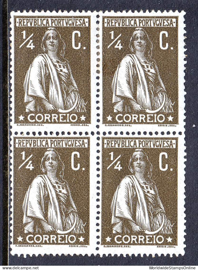 PORTUGAL — SCOTT 207 — 1912 ¼c CERES P15X14, CHALKY PAPER — BLK/4 — MH — SCV $32 - Ungebraucht