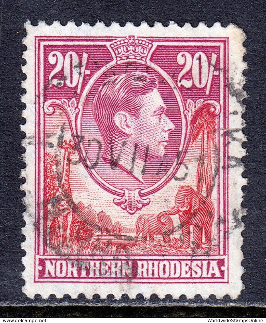 NORTHERN RHODESIA — SCOTT 45 — 1938 20/- KGVI HIGH VALUE — USED — SCV $75 - Northern Rhodesia (...-1963)