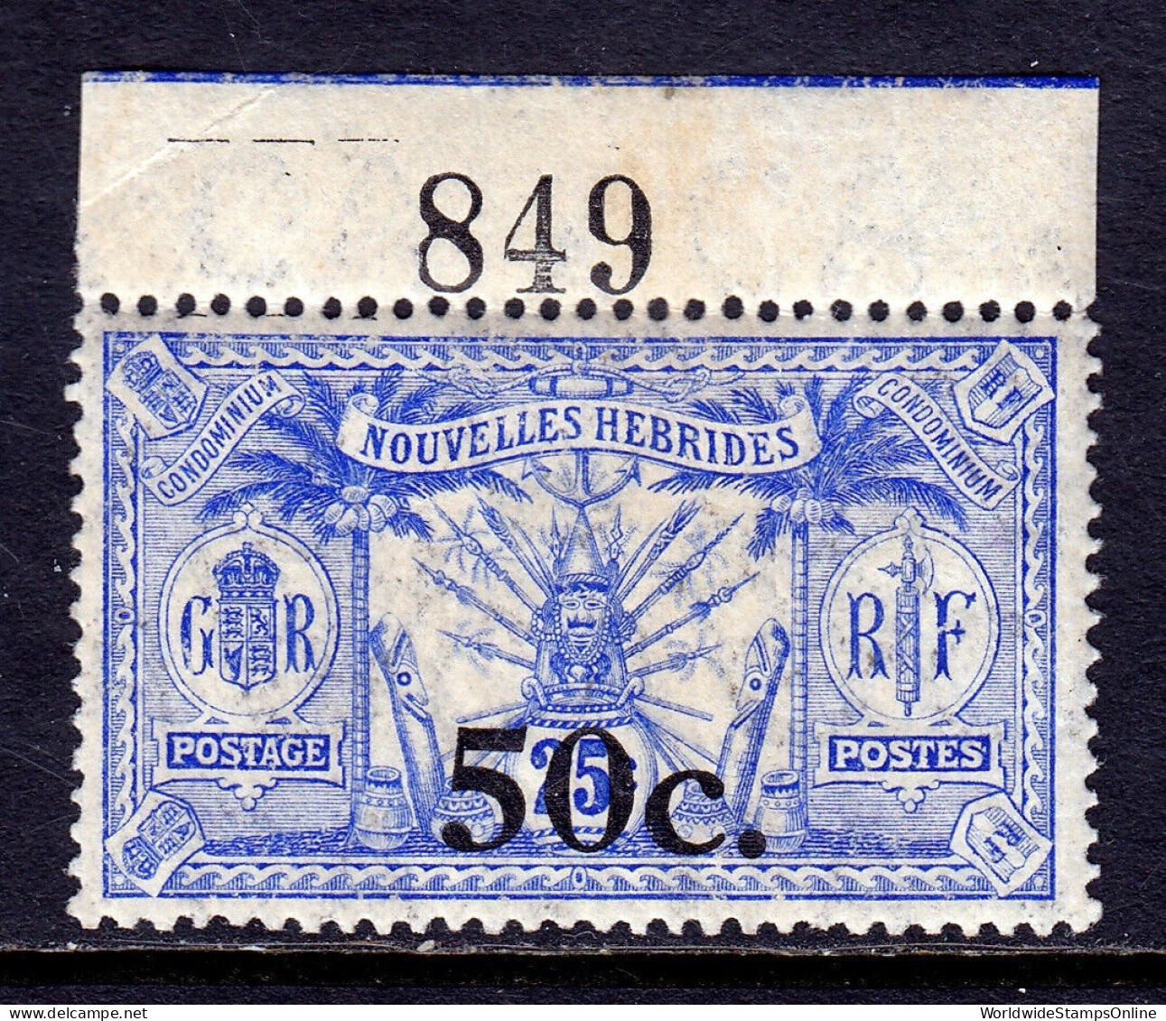 NEW HEBRIDES (FR) — SCOTT 43 — 1924 50c ON 25c WITH CROWN CA WMK. — MH — SCV $40 - Nuevos