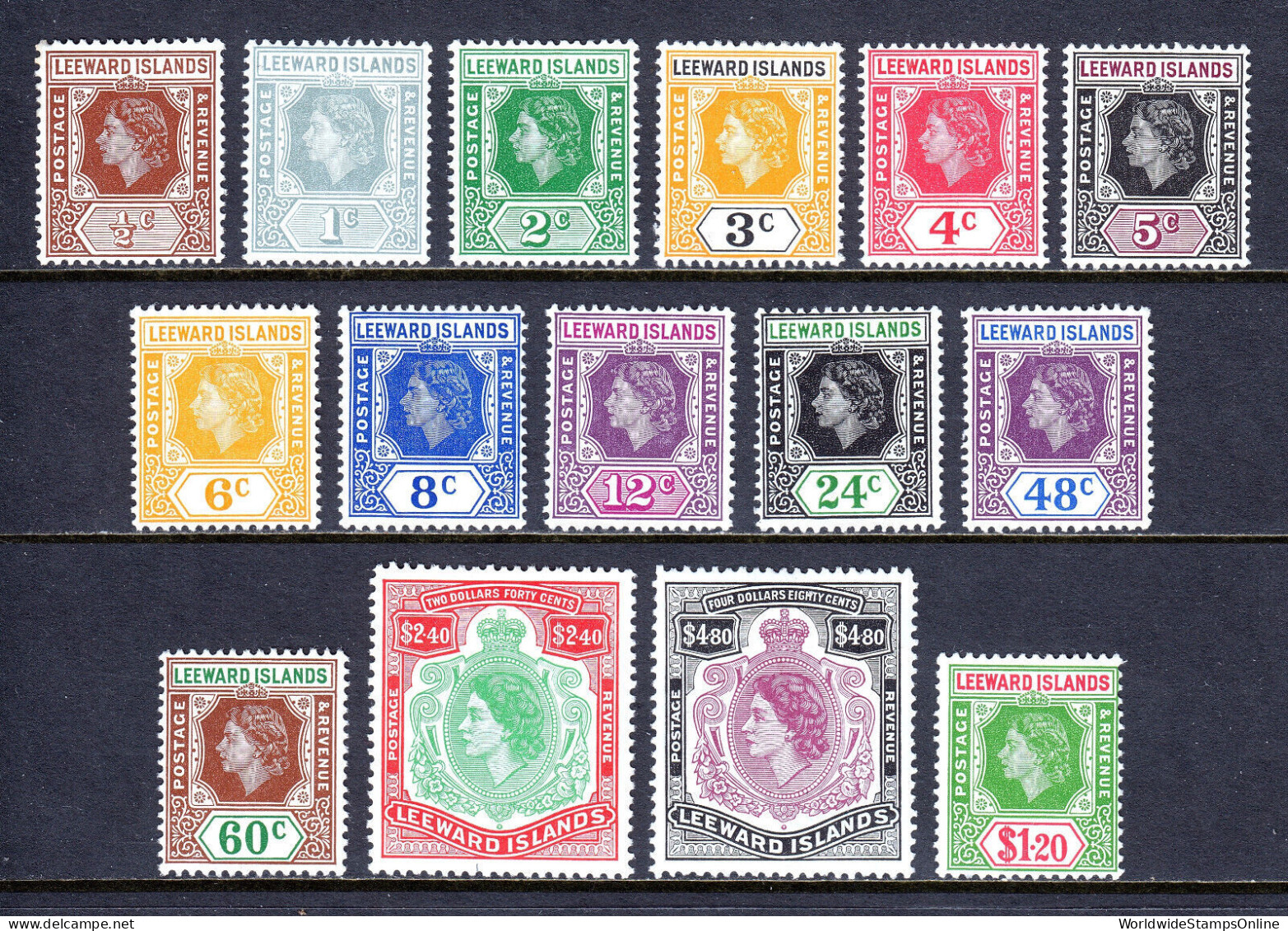 LEEWARD IS. — SCOTT 133-147 — 1954 QEII SET — MH — SCV $67 - Leeward  Islands