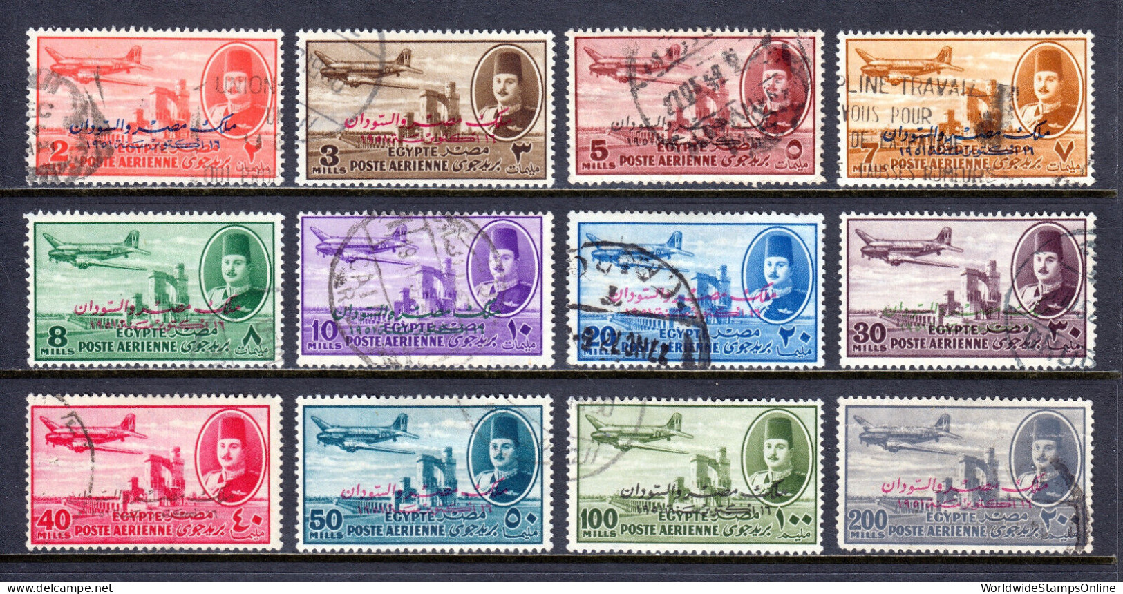 EGYPT — SCOTT C53-C64 — 1952 AIRMAIL OVERPRINT SET — USED — SCV $26 - Airmail