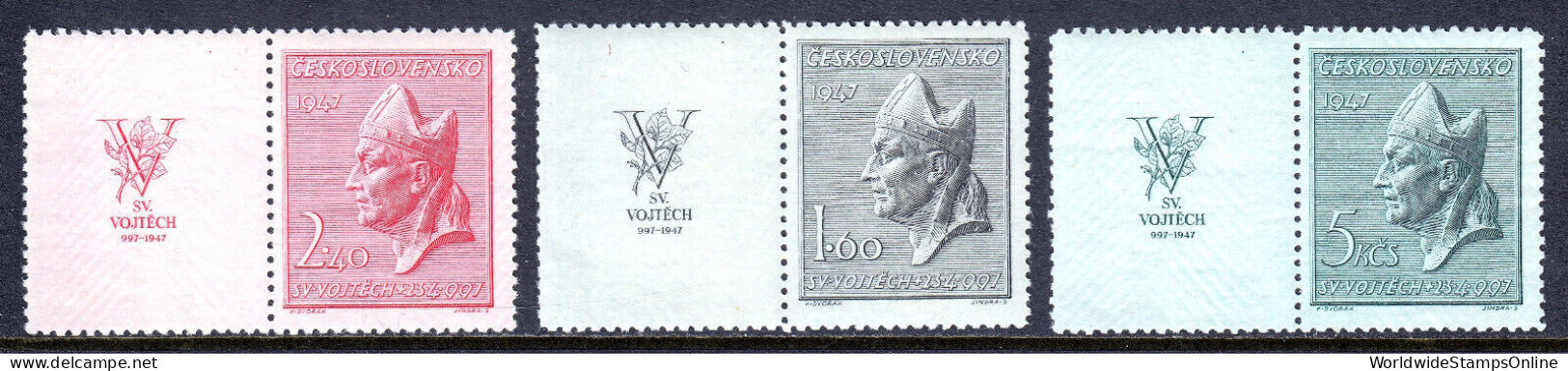CZECHOSLOVAKIA — SCOTT 326-328 — 1947 ST. ADALBERT SET — MLH W/LABELS— SCV $40 - Unused Stamps