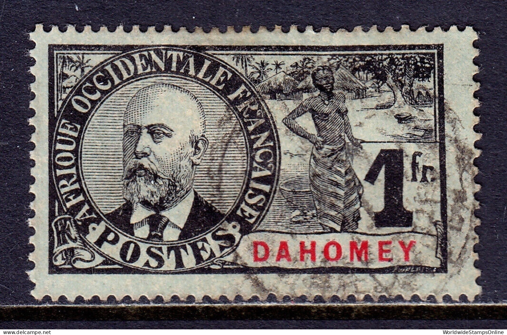 DAHOMEY — SCOTT 29 — 1906 1fr BLACK ON AZURE DR. BALLAY — USED — SCV $24 - Usati