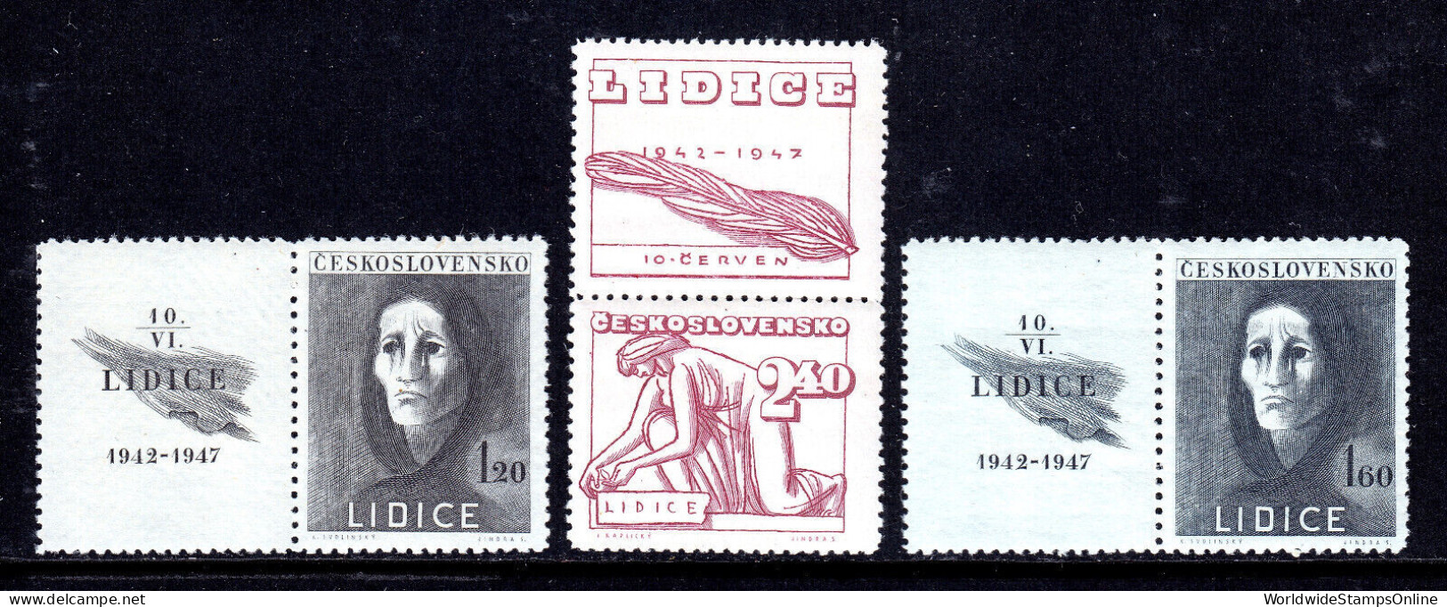 CZECHOSLOVAKIA — SCOTT 329-331 — 1947 LIDICE SET — MNH/MLH W/LABELS— SCV $15 - Ongebruikt