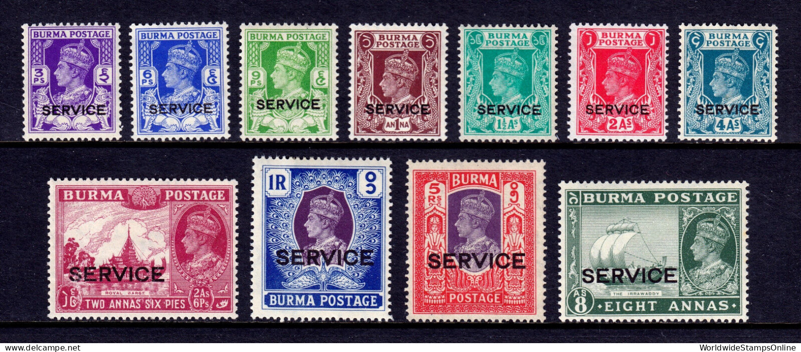 BURMA — SCOTT O15/O26 — 1939 KGVI OFFICIAL ISSUE, 11 VALUES — MH — SCV $84 - Birmania (...-1947)